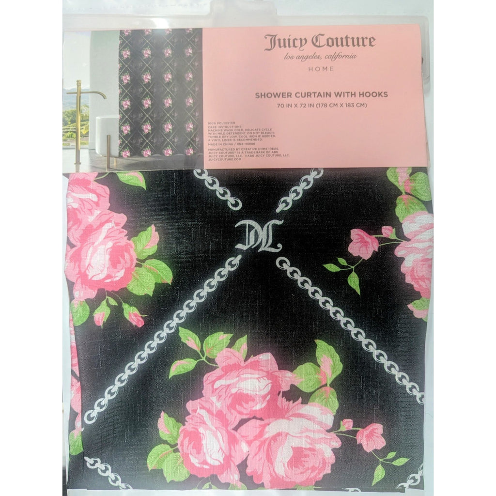 New Juicy Couture Pink Black Green Floral Roses Chain Fabric Shower Curtain Hook
