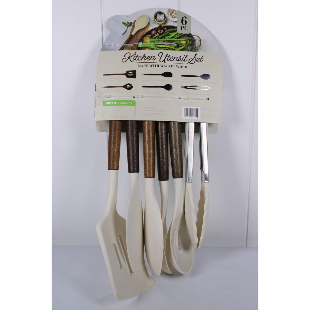 Kitchen Utensil Set of 6. Walnut handles Heat resistant Flexible silicone, Tongs