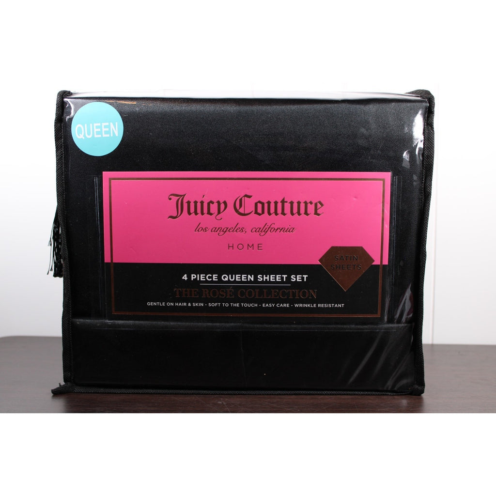 Juicy Couture Black Satin 4pc QUEEN Sheet Set Easy Care Soft Sleek Smooth