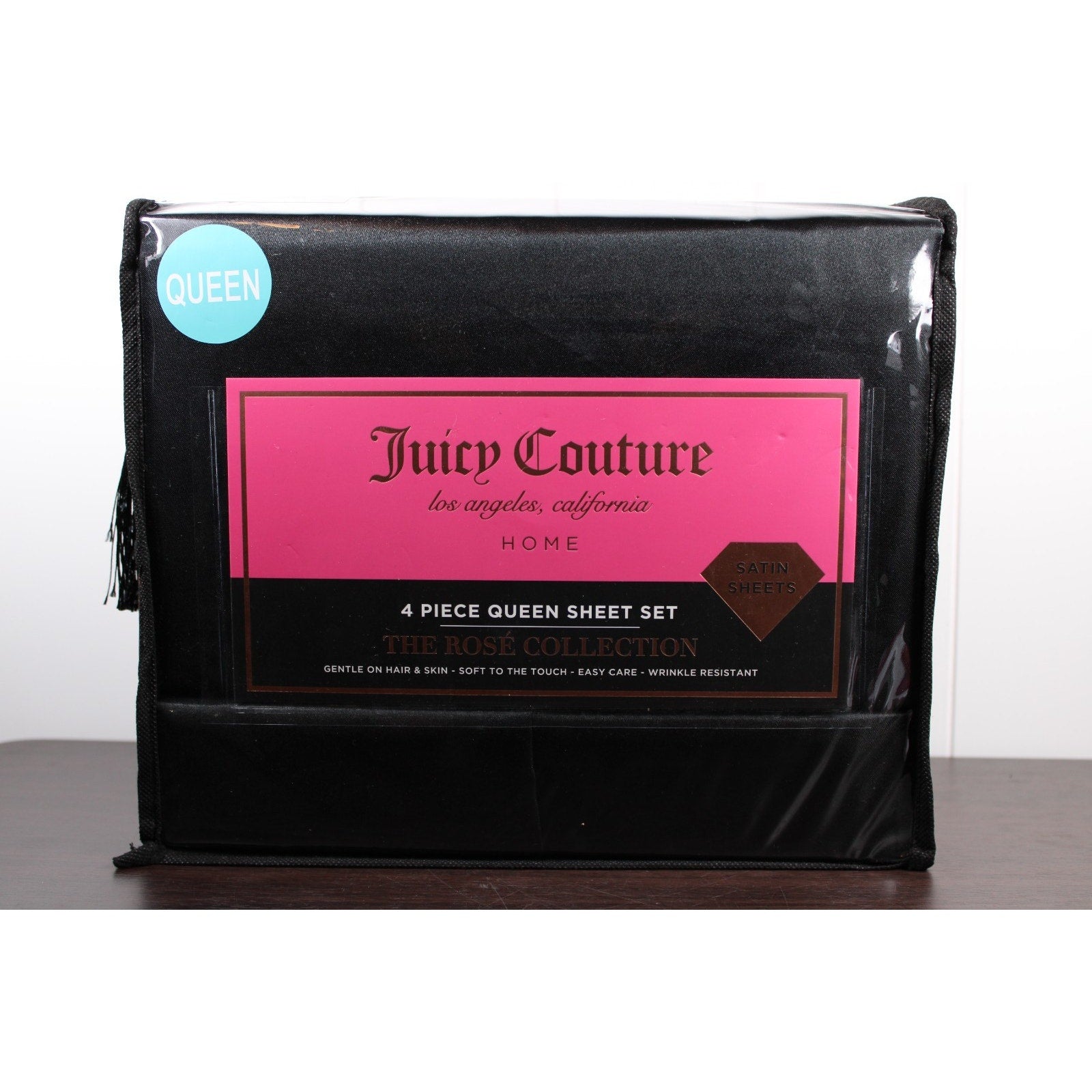 Juicy Couture Black Satin 4pc QUEEN Sheet Set Easy Care Soft Sleek Smooth