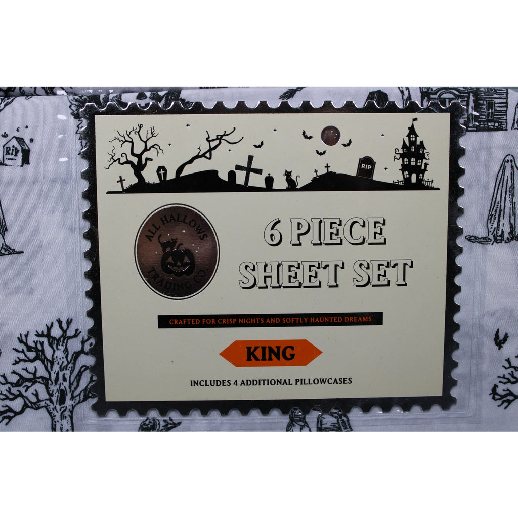 Spooky Halloween KING Sheets Set Haunted House, Pumpkins, Ghosts, Poison, Trees