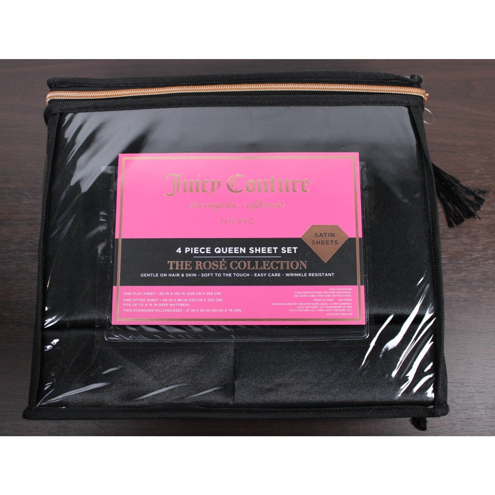 Juicy Couture Black Satin 4pc QUEEN Sheet Set Easy Care Soft Sleek Smooth