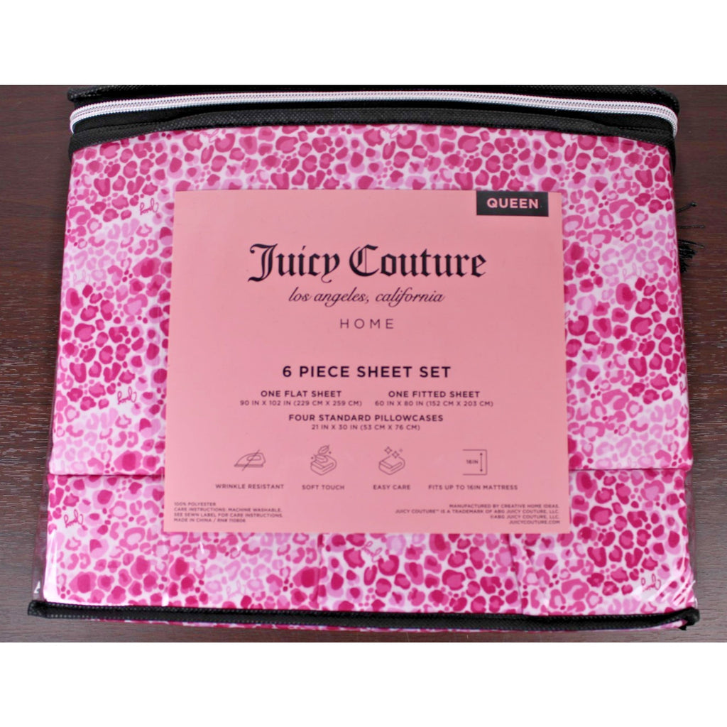 Juicy Couture Queen 6 pc Bed Sheet Set Pink Leopard Print