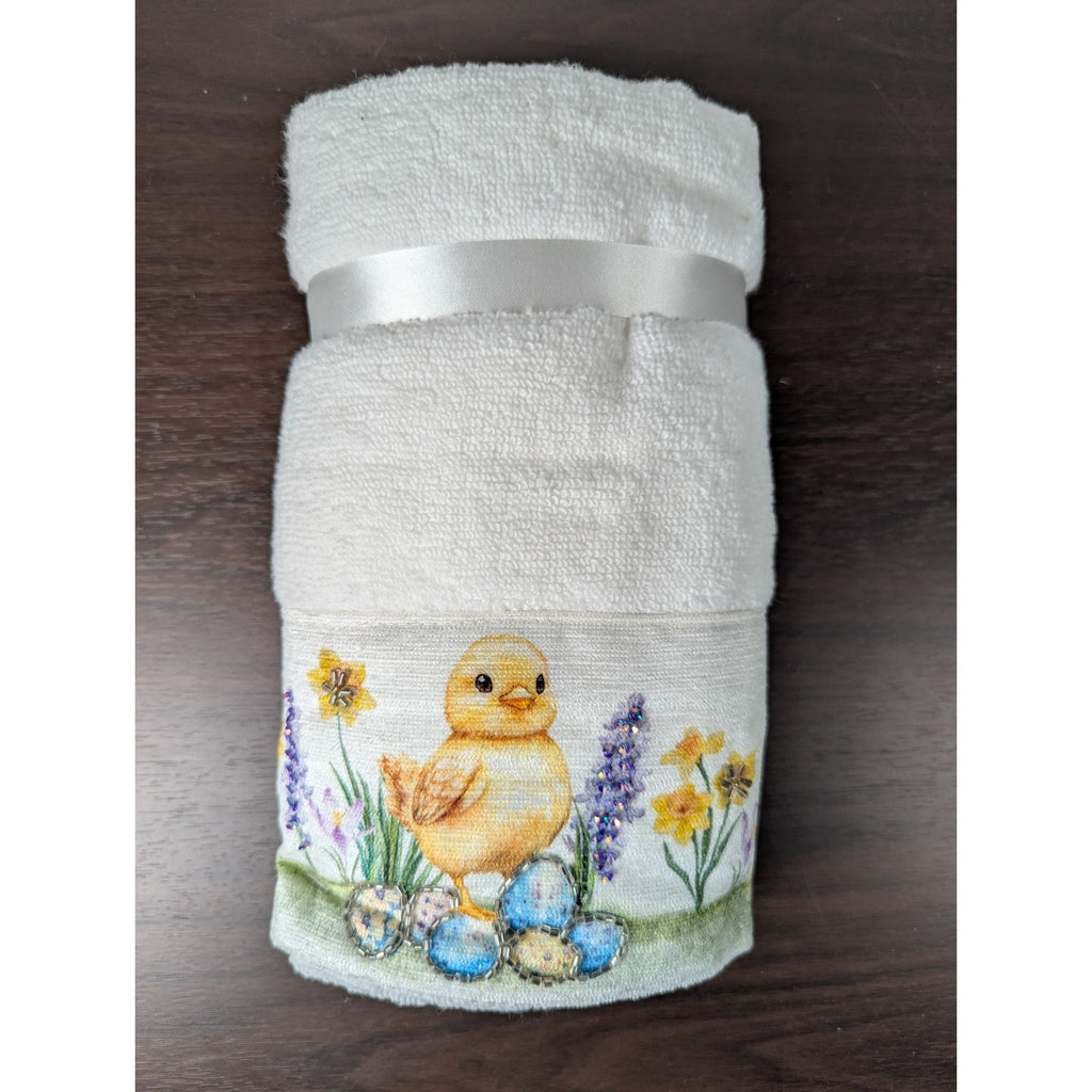 Easter Blessing Beaded Chick Floral Hand Towels Set of 2, 16x28" 100% Cotton