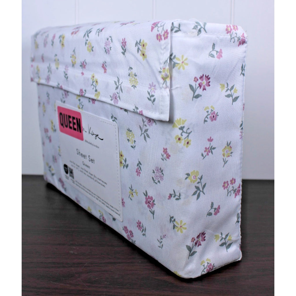 London Kaye Pink & Yellow Flower Garden Soft Brushed Queen Sheet Set NEW