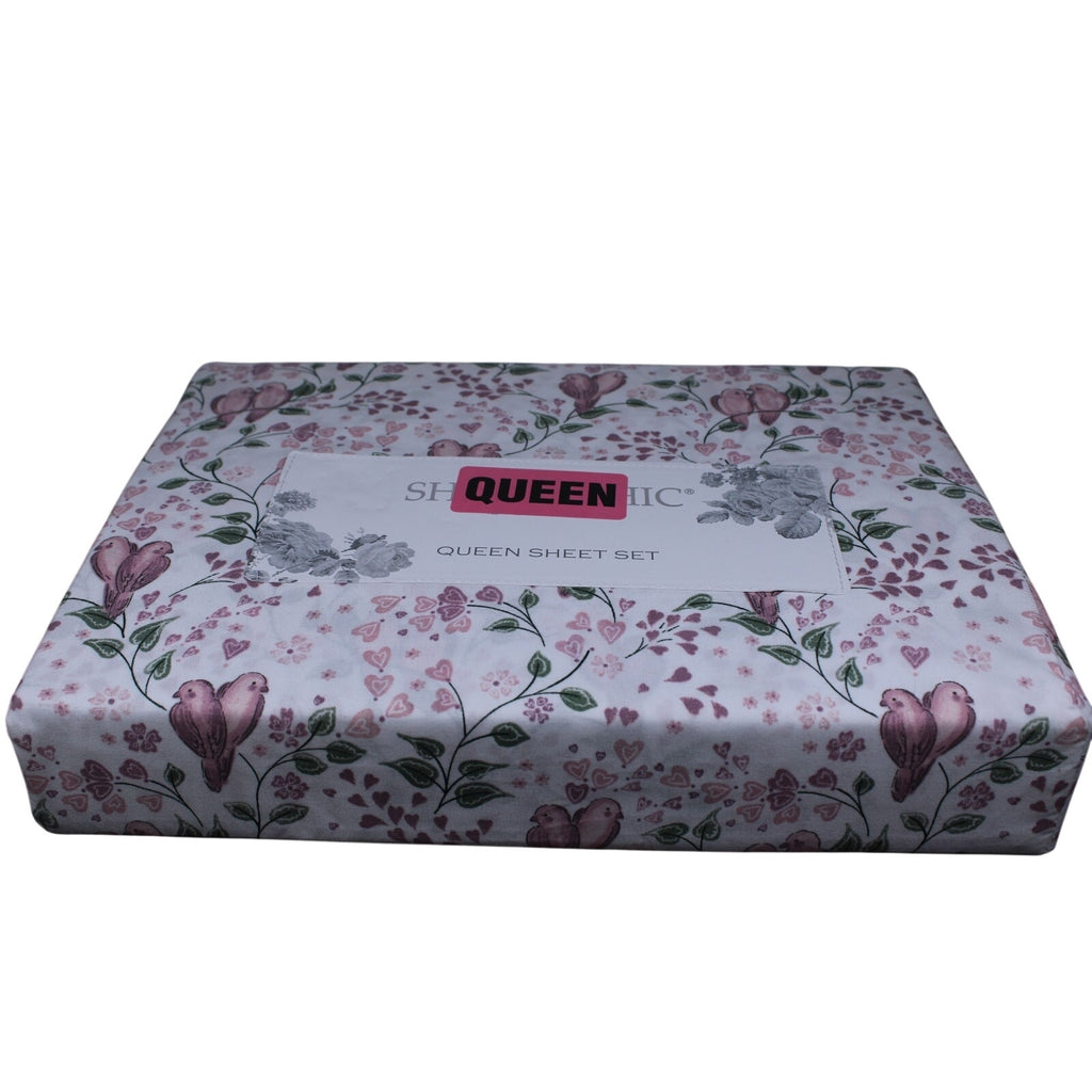 Shabby Chic Farmhouse Cottage Queen Sheet Set Pink and Mauve Lovebirds & Hearts