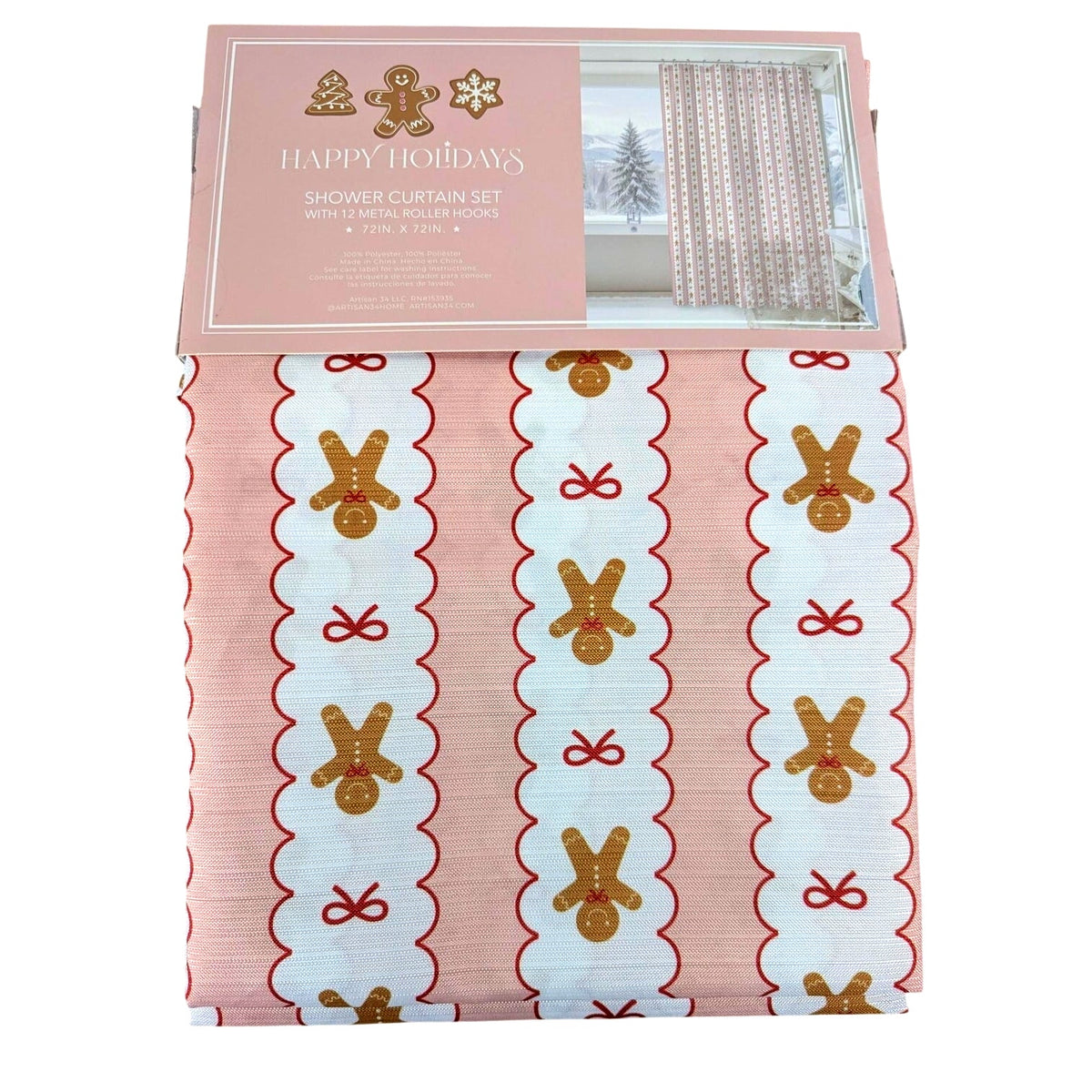Holiday Shoppe Pink Gingerbread Man Shower Curtain 70x72 Christmas Bath + Hooks