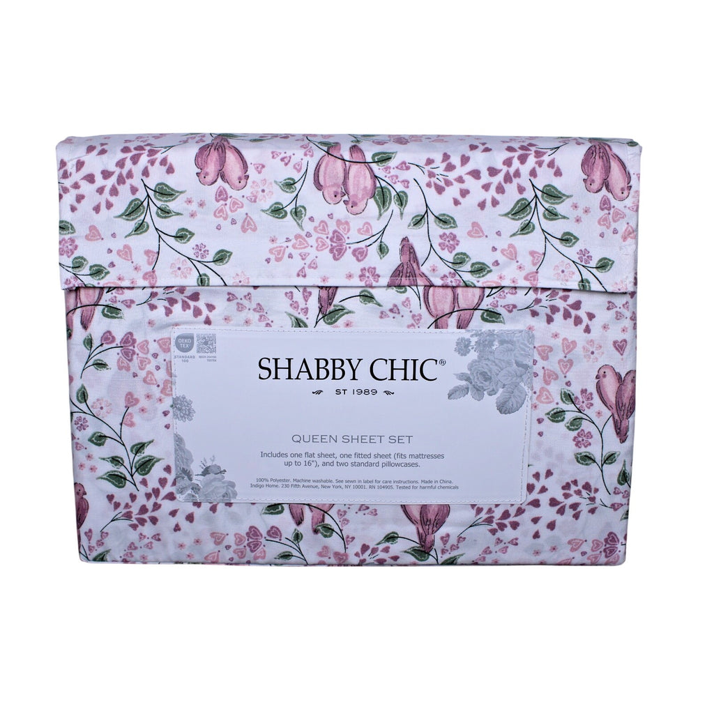 Shabby Chic Farmhouse Cottage Queen Sheet Set Pink and Mauve Lovebirds & Hearts