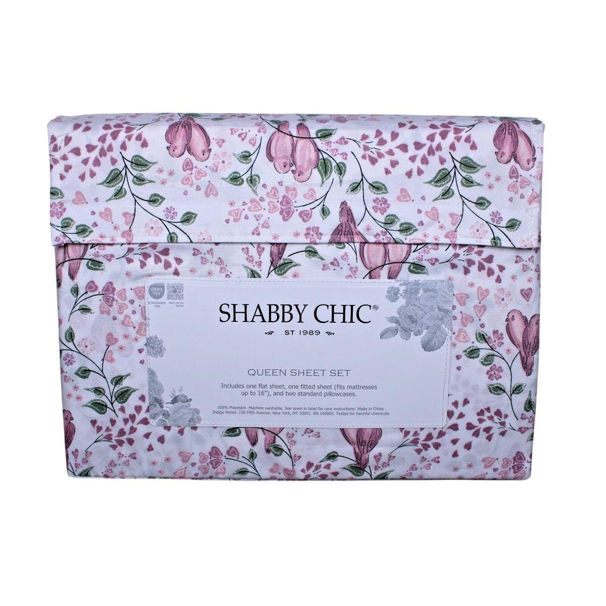 Shabby Chic Farmhouse Cottage Queen Sheet Set Pink and Mauve Lovebirds & Hearts
