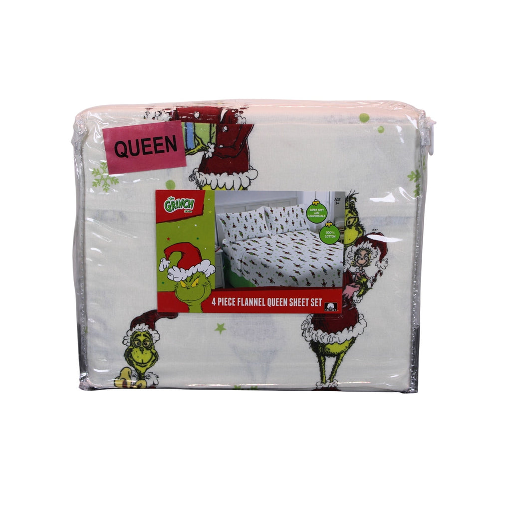 New Dr. Seuss Grinch 4 piece Queen Flannel Sheet Set - Holiday Fun