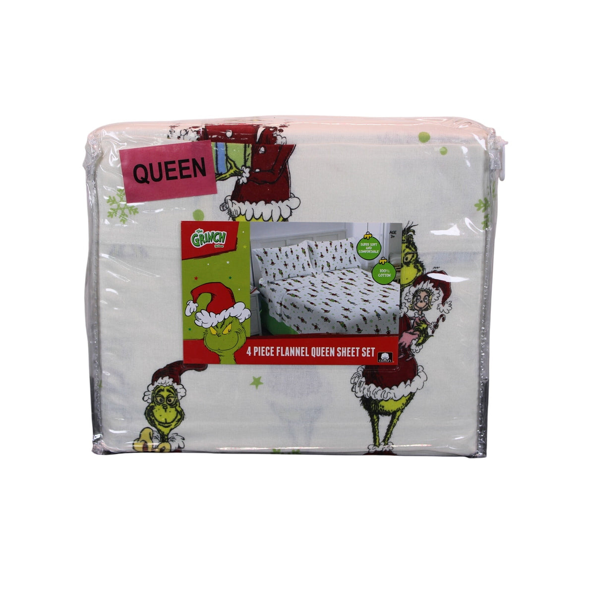 New Dr. Seuss Grinch 4 piece Queen Flannel Sheet Set - Holiday Fun