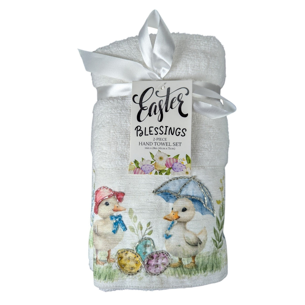 Easter Blessing Beaded Ducks Floral Hand Towels Set of 2, 16x28" 100% Cotton