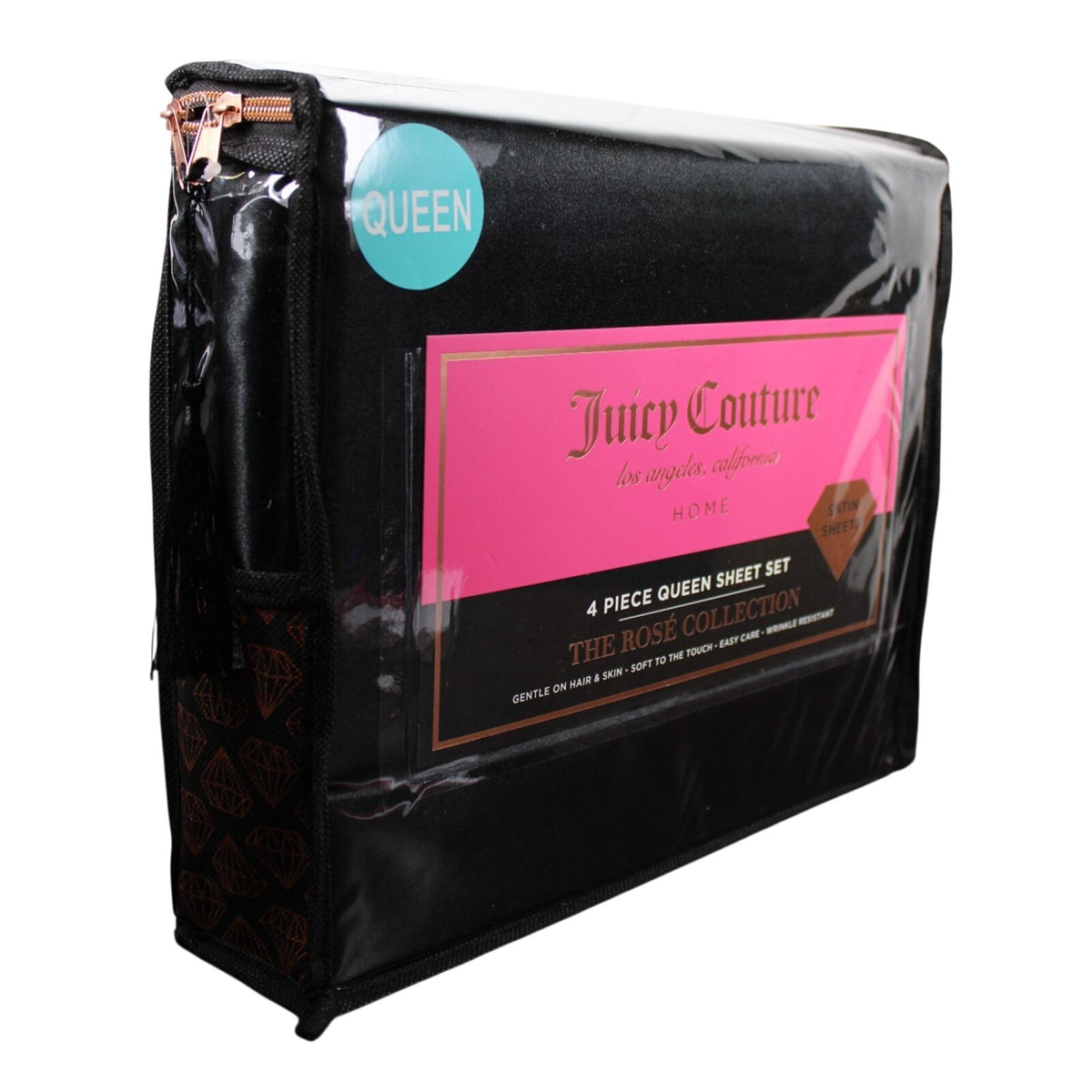 Juicy Couture Black Satin 4pc QUEEN Sheet Set Easy Care Soft Sleek Smooth