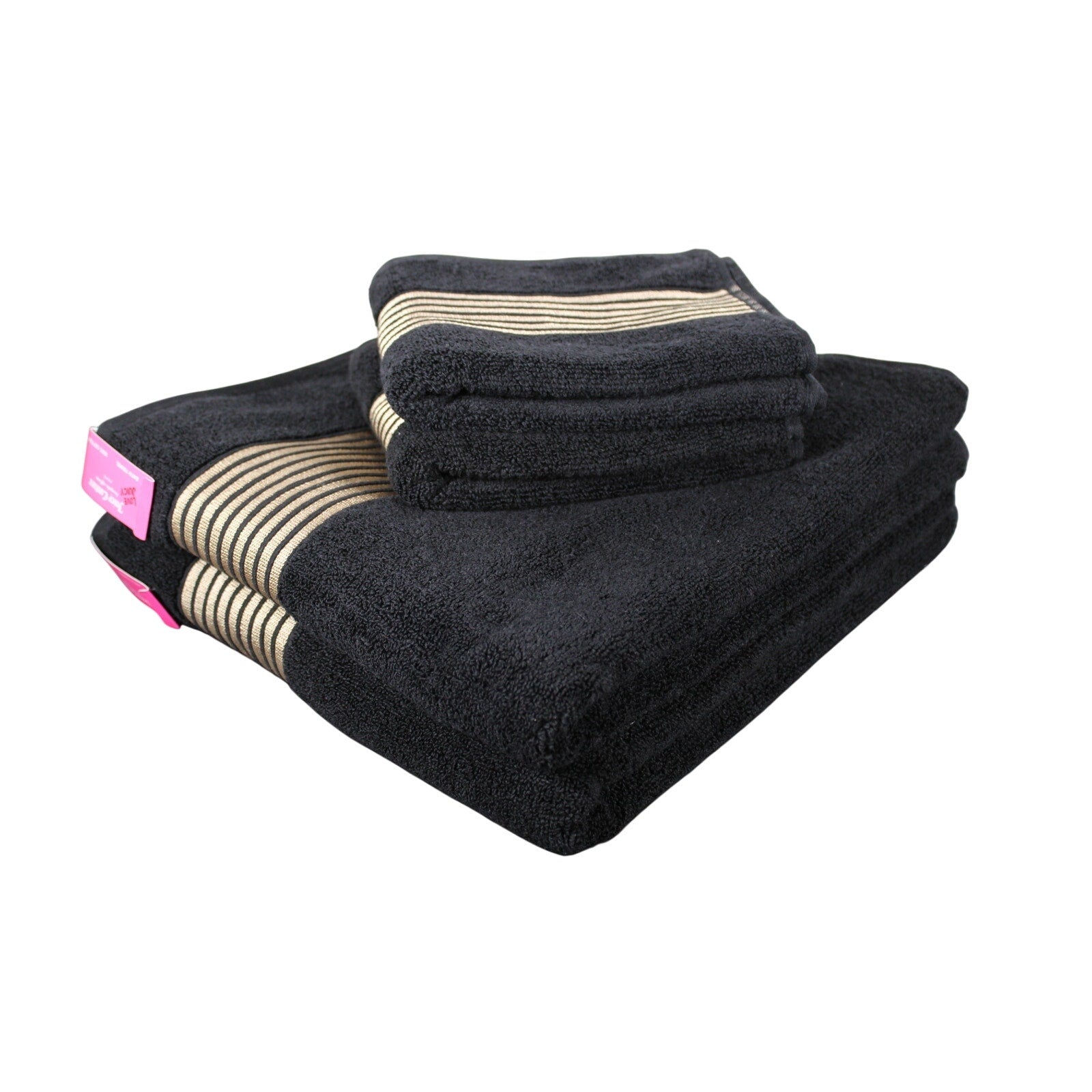 JUICY COUTURE 4psc Cotton BLACK, Gold Stripes, 2 Bath Towels, 2 Hand Towels