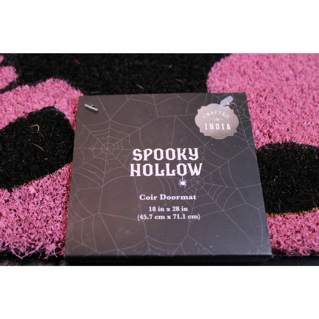 Spooky Hallow - WELCOME Coir Doormat 18x28 Pink Skulls, Black Mat Non-Slip