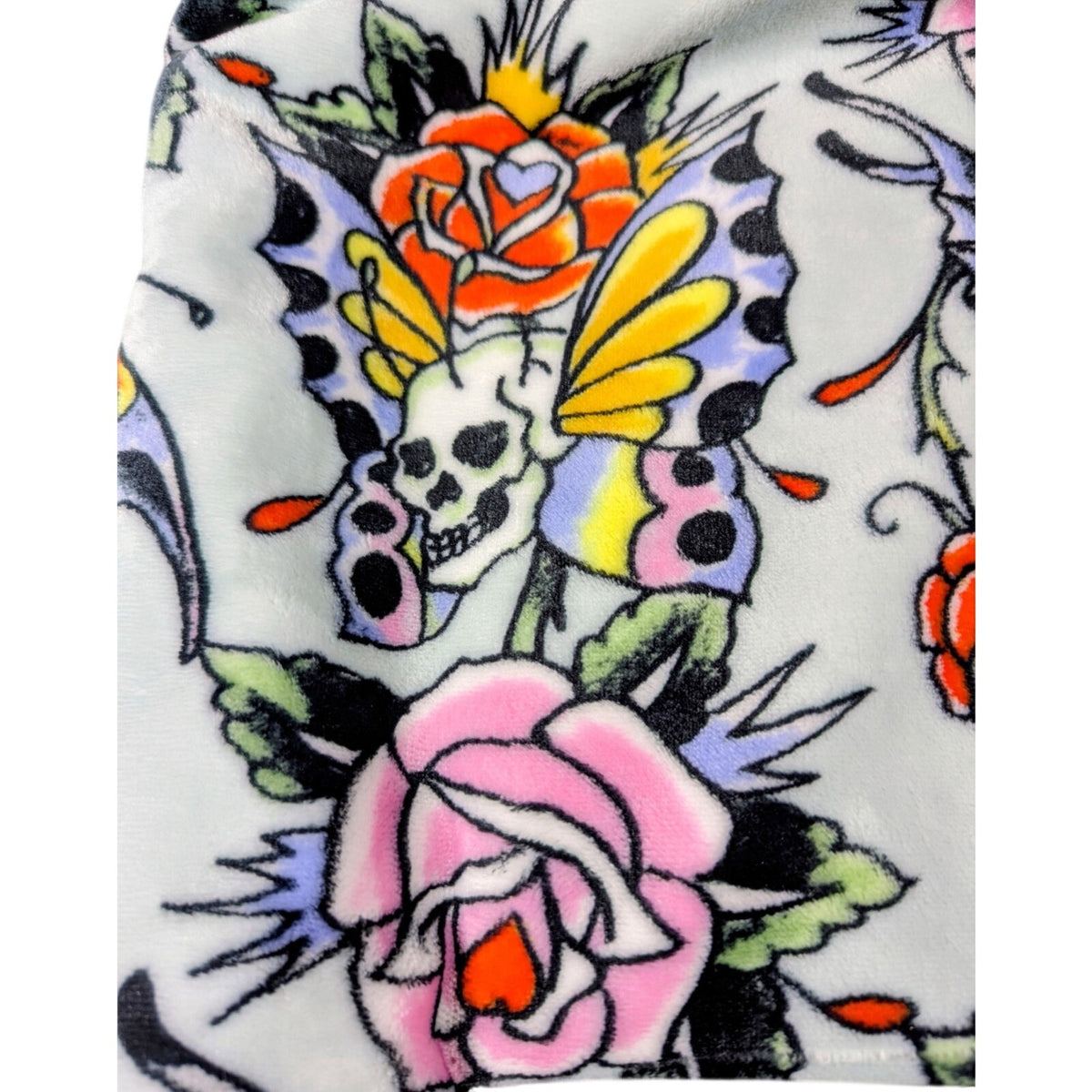 Ed Hardy Plush Oversized Throw Blanket Light Blue w/Skull Butterflies & Flowers