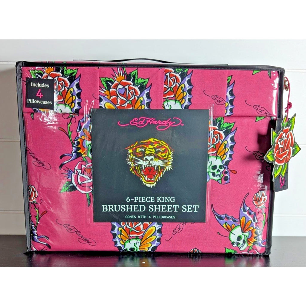 Ed Hardy 6 pc King Sheet Set Skulls Roses Tattoo Print w/4 Pillowcases