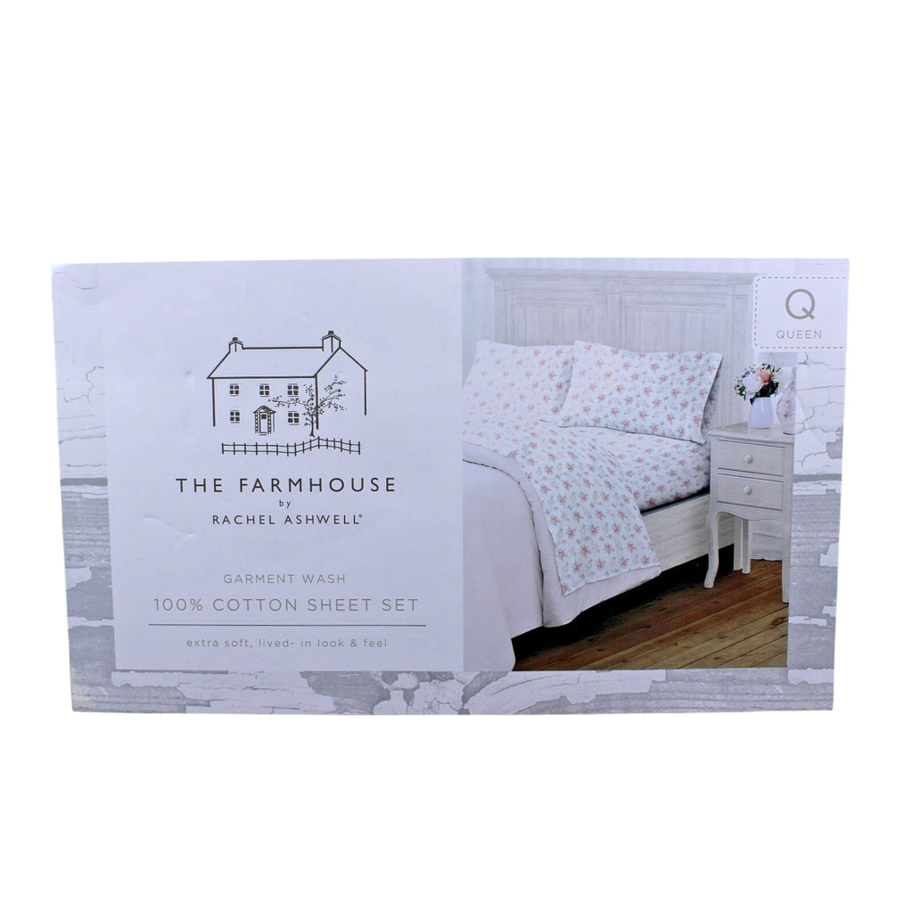The Farmhouse Rachel Ashwell 100% Cotton Coral & Mint Floral QUEEN Sheets NEW