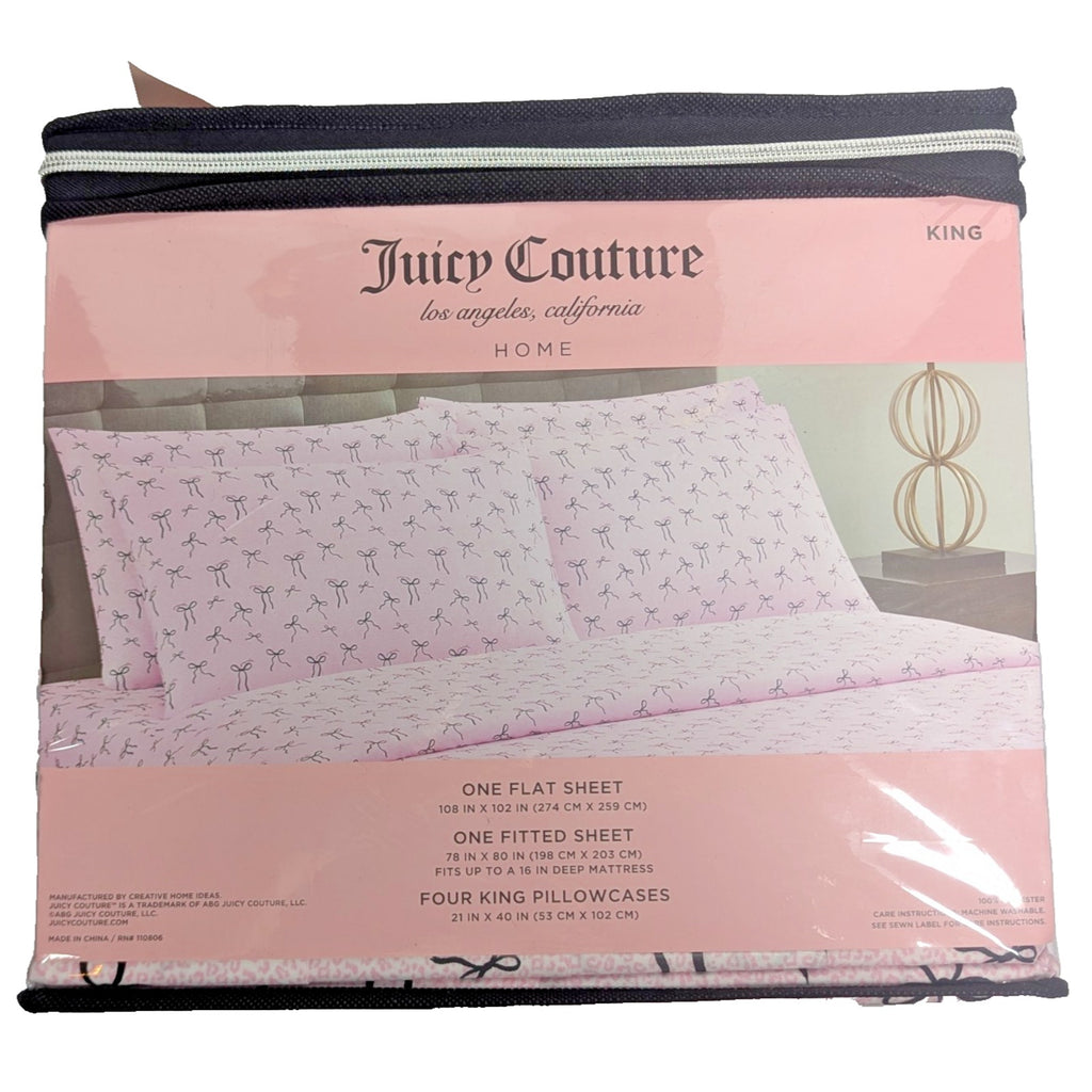 Juicy Couture Hot Pink Cheetah Print Crown Logo 6 Piece King Sheet Set