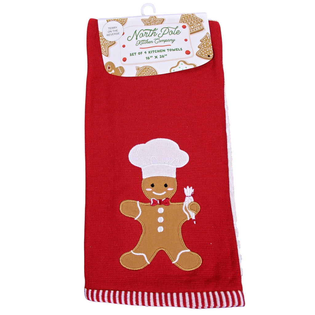 Gingerbread Cookie Man, 4-pc cotton Kitchen Towels 16" x 26" Christmas Holiday