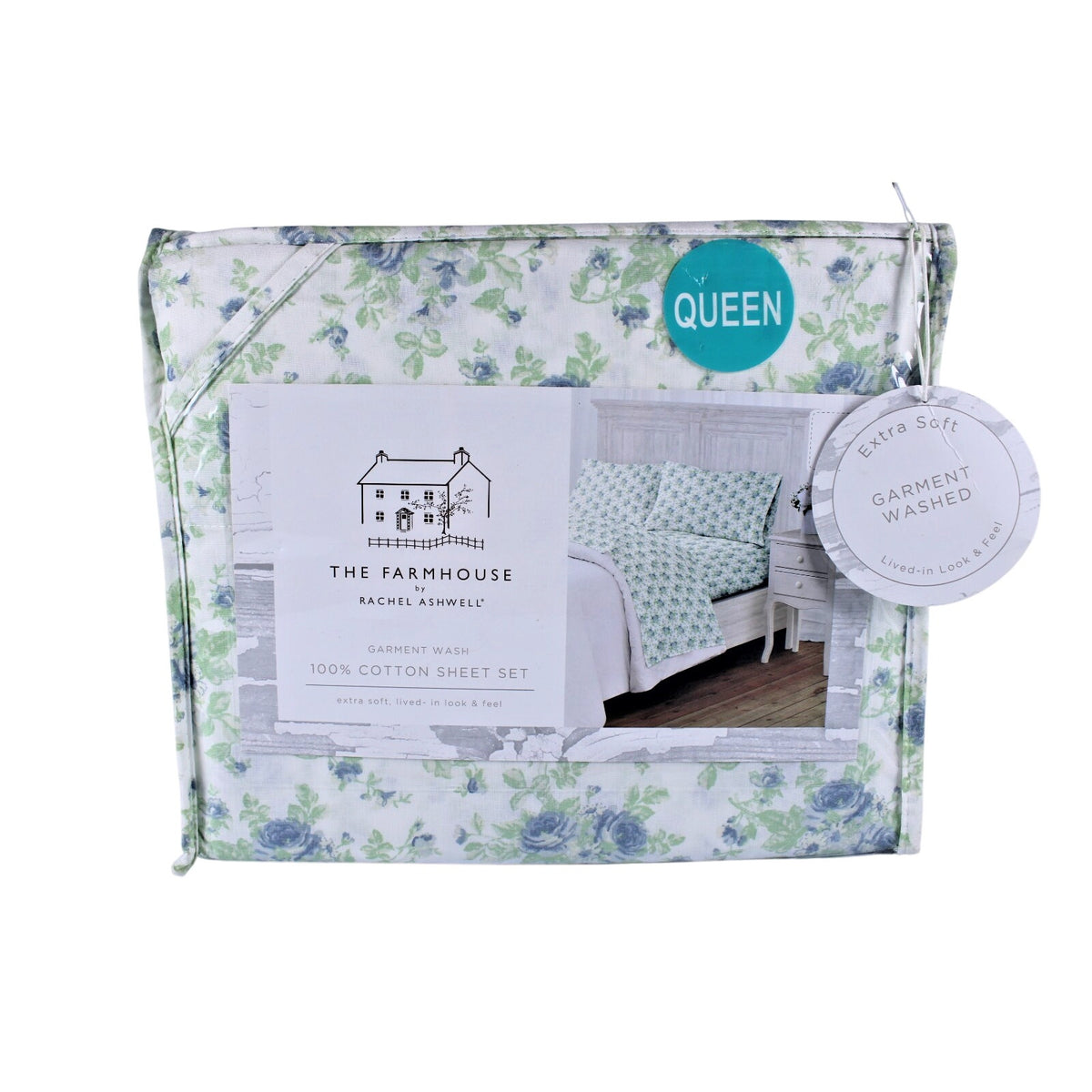The Farmhouse Rachel Ashwell Blue Floral Queen Sheet Set Blue Green