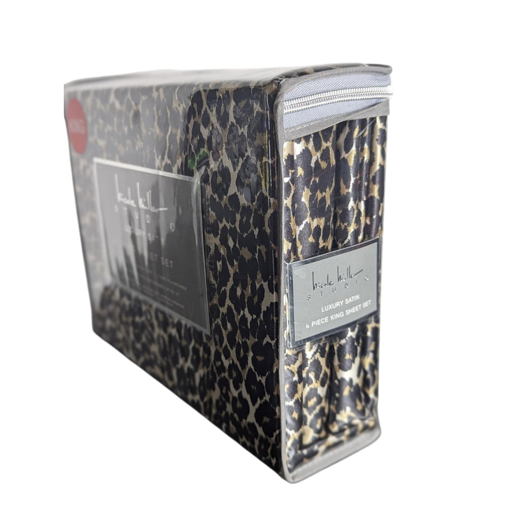 Nicole Miller Studio Luxury Satin KING Sheet Set 4 Pc Leopard Cheetah - New