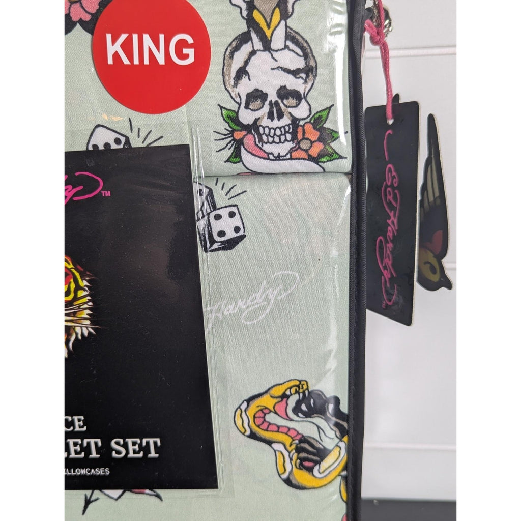 Ed Hardy 6-pc King Sheet Set w/4 Pillowcases, Skulls, Snake, Bird, Tiger- Green