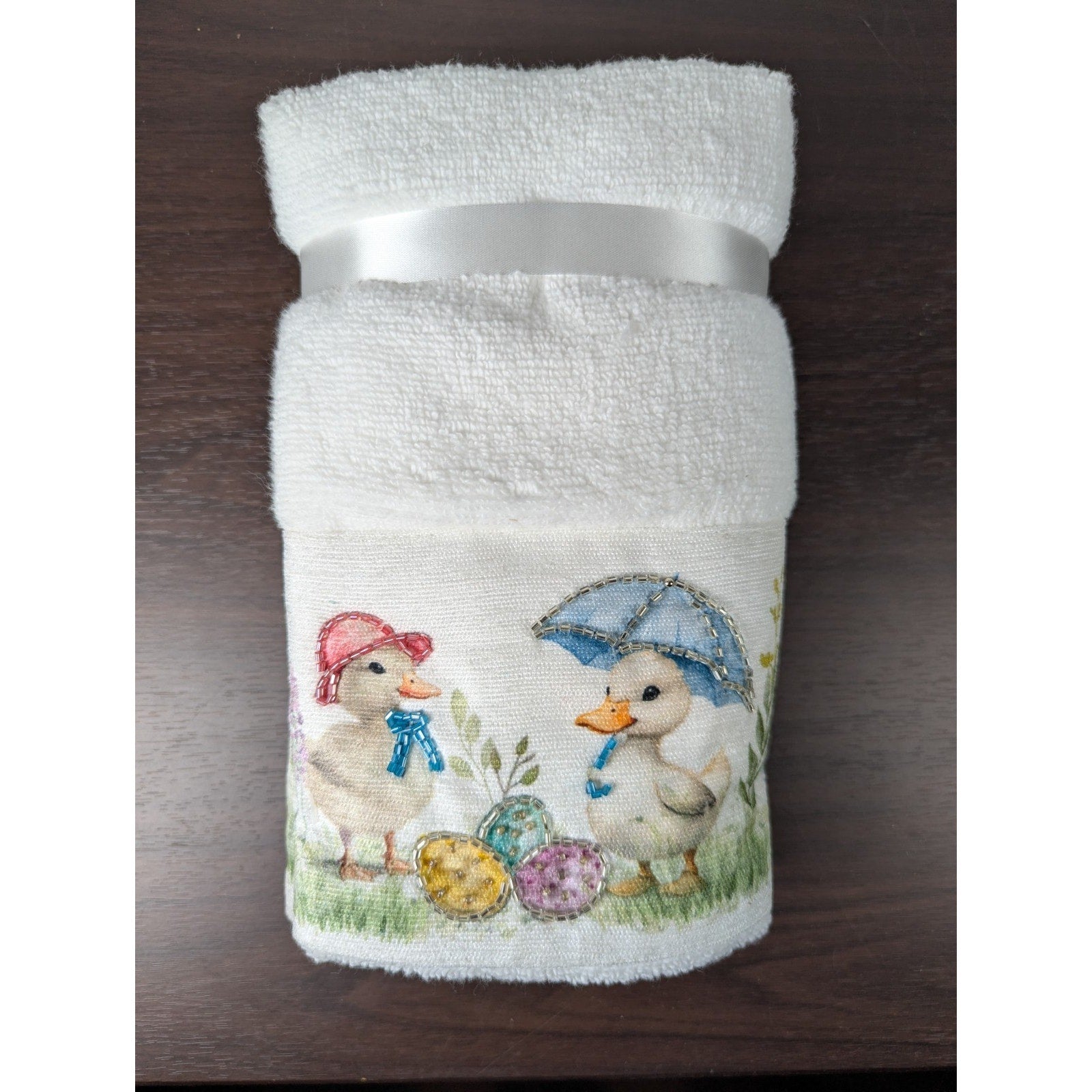 Easter Blessing Beaded Ducks Floral Hand Towels Set of 2, 16x28" 100% Cotton
