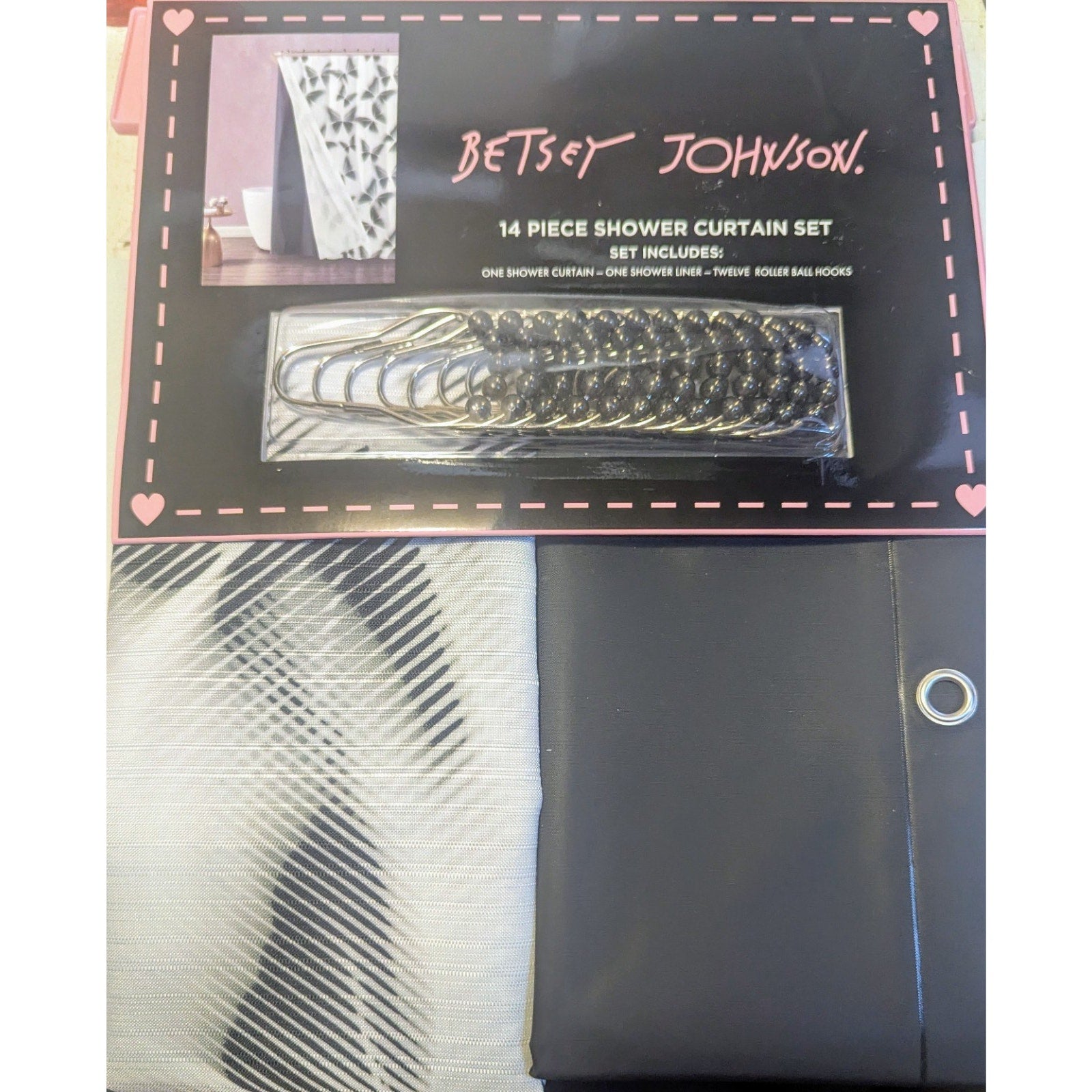 Betsey Johnson 14-Piece Shower Curtain Set - Butterfly, Black Liner & 12 Hooks