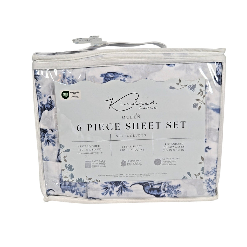 KINDRED HOME 6 pc Dogs, Floral design Queen Sheet Set 2 EX Pillowcases