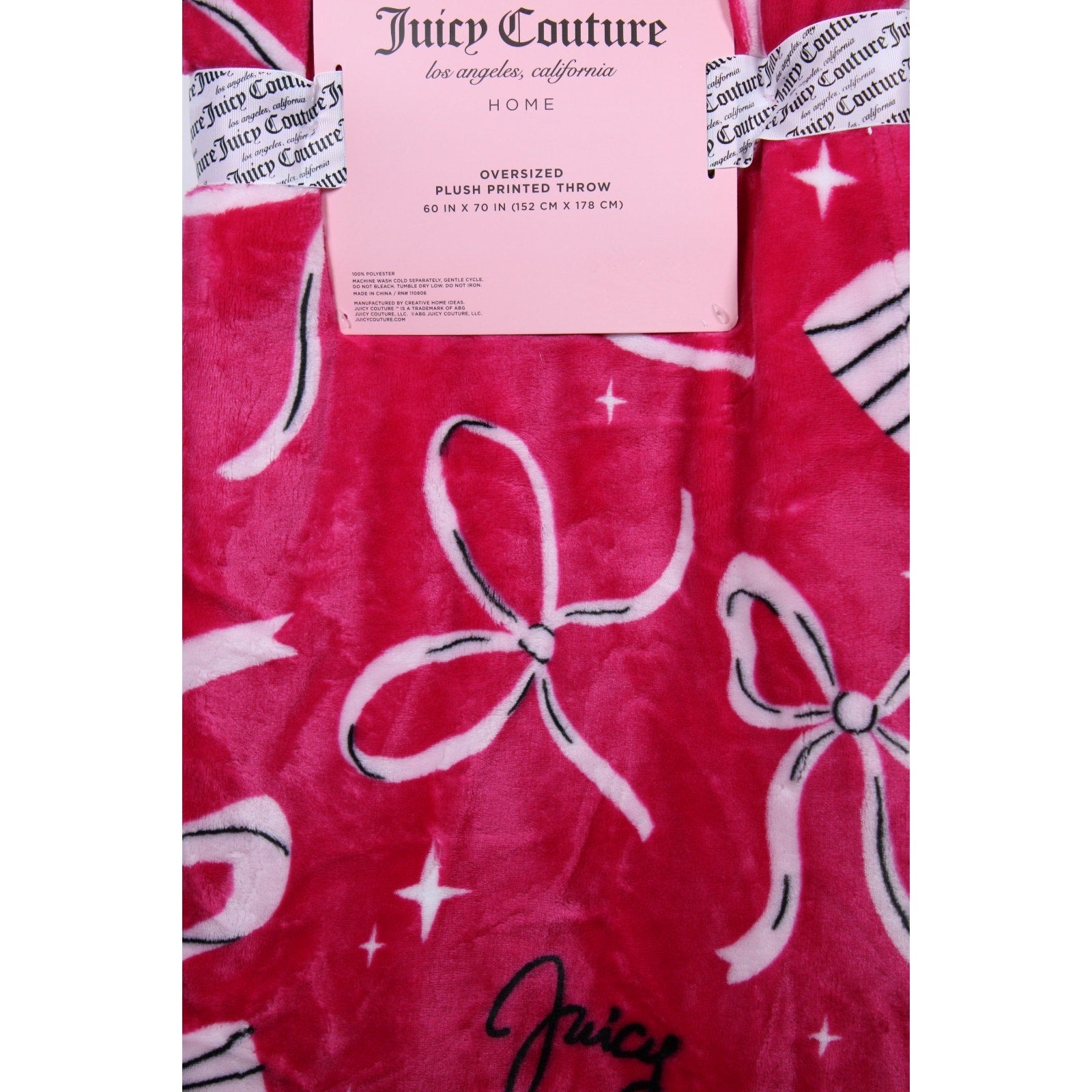 Juicy Couture 60" x 70" Pink Plush Throw Blanket, Bows - OVERSIZED