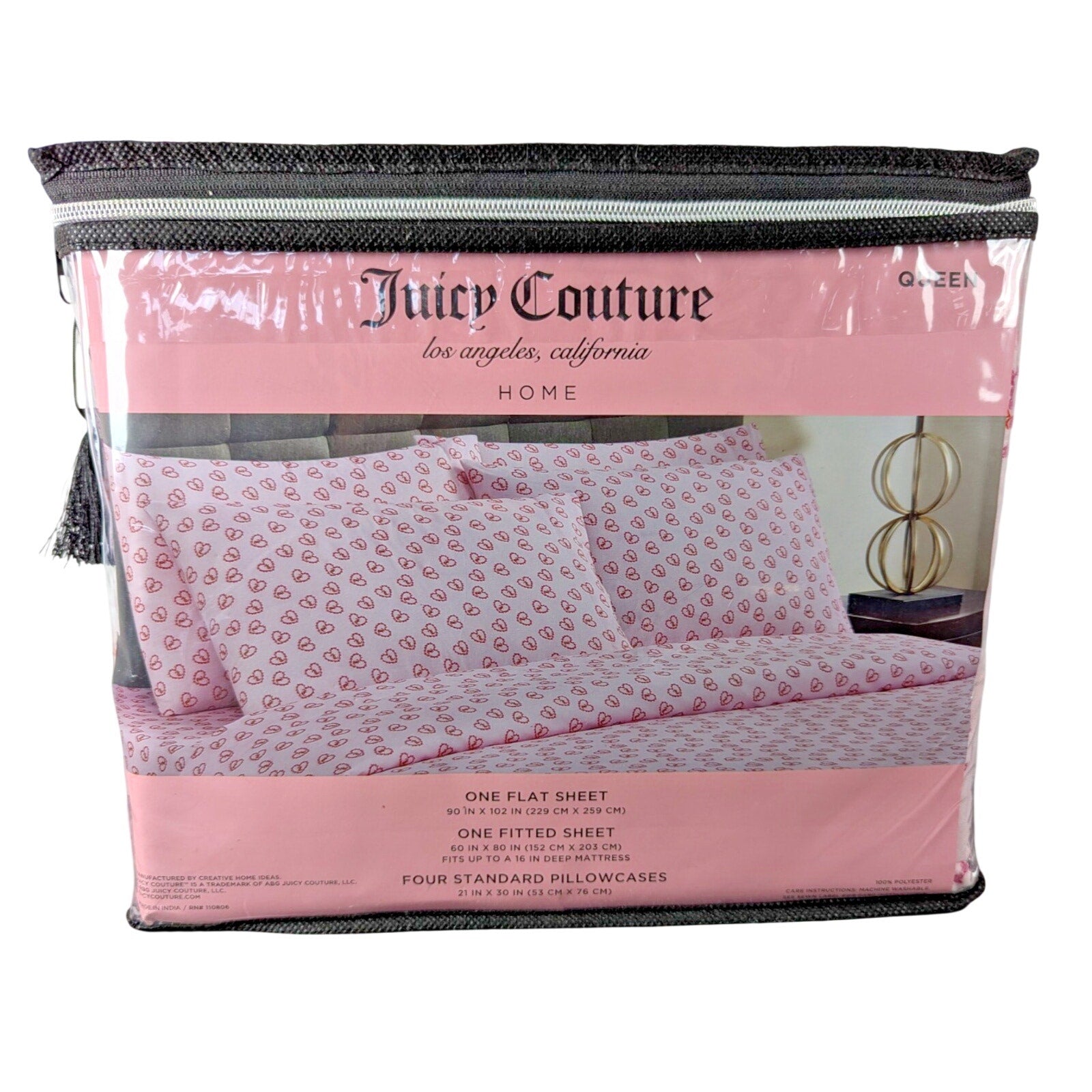 Juicy Couture Queen 6pc Sheet Set, Juicy Monogram, Rose Hearts, Pink