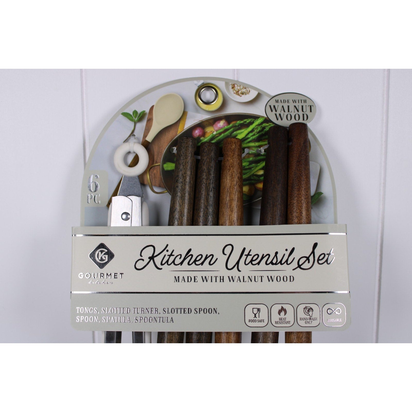 Kitchen Utensil Set of 6. Walnut handles Heat resistant Flexible silicone, Tongs