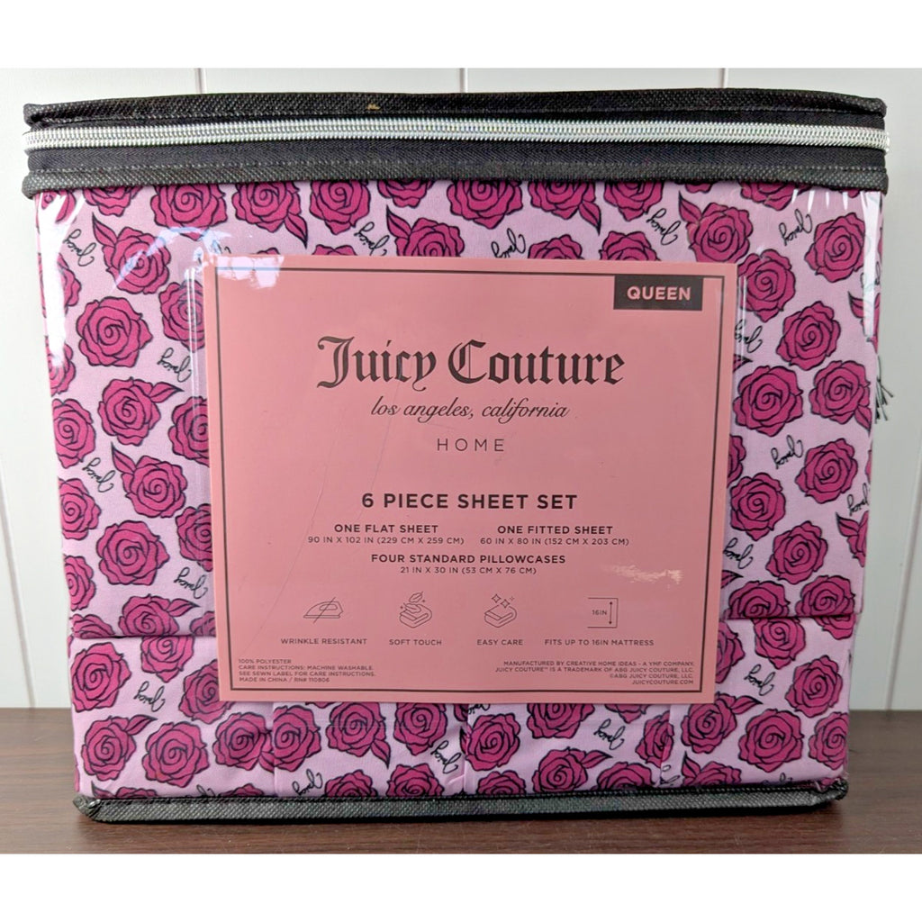 Juicy Couture Queen 6 Piece Sheet Set - Juicy Logo with Pink Roses