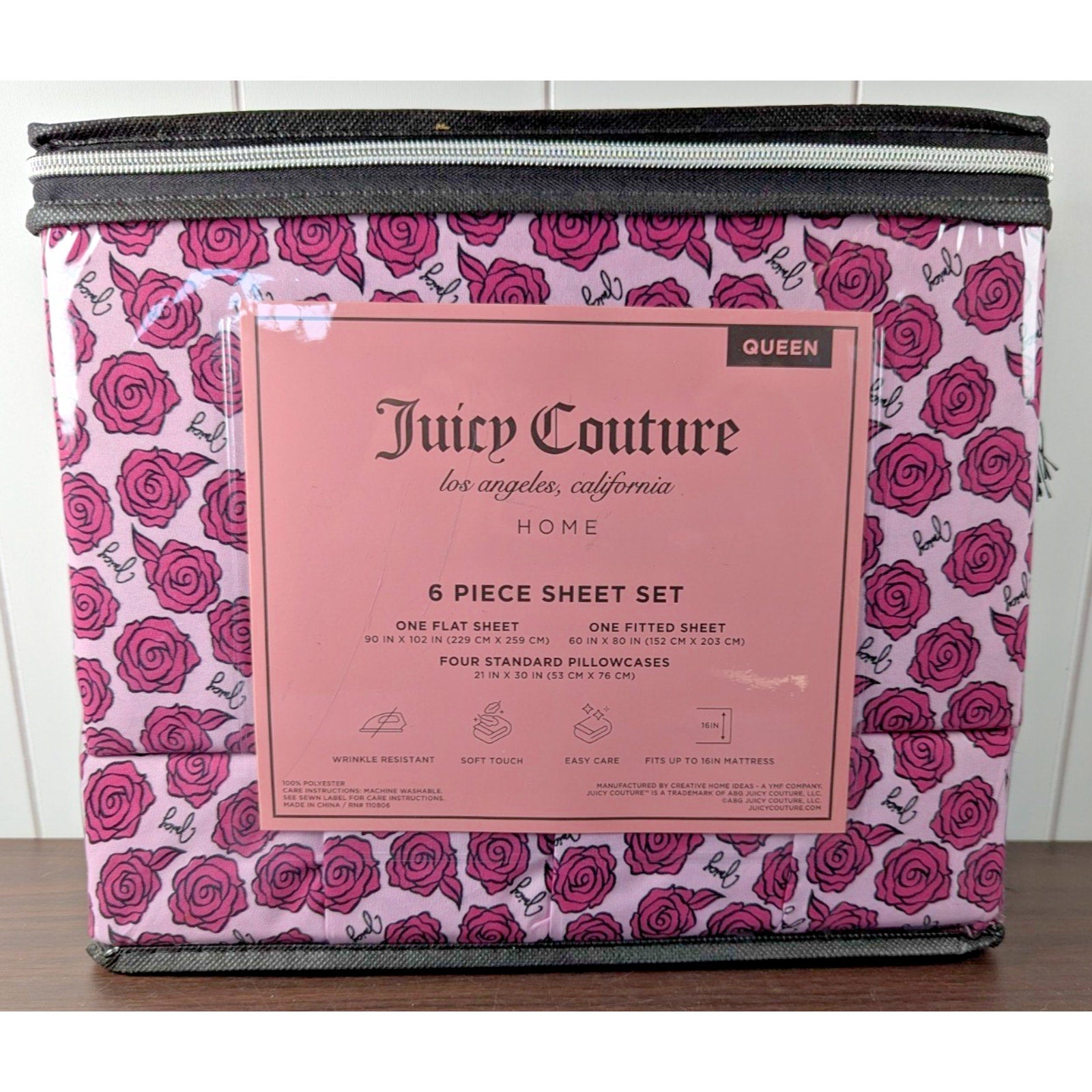 Juicy Couture Queen 6 Piece Sheet Set - Juicy Logo with Pink Roses
