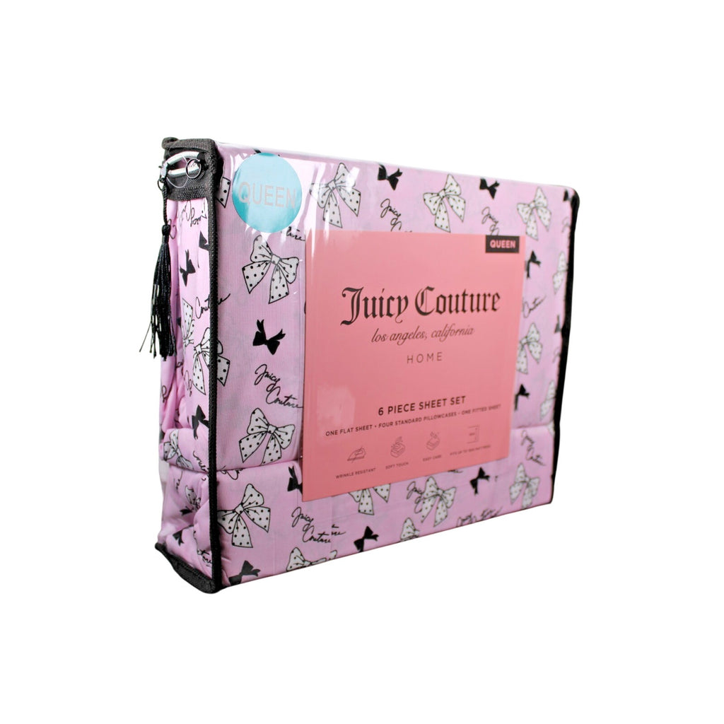 Juicy Couture Queen 6 pc Bed Sheet Set Pink & Black Polka Dot Bows