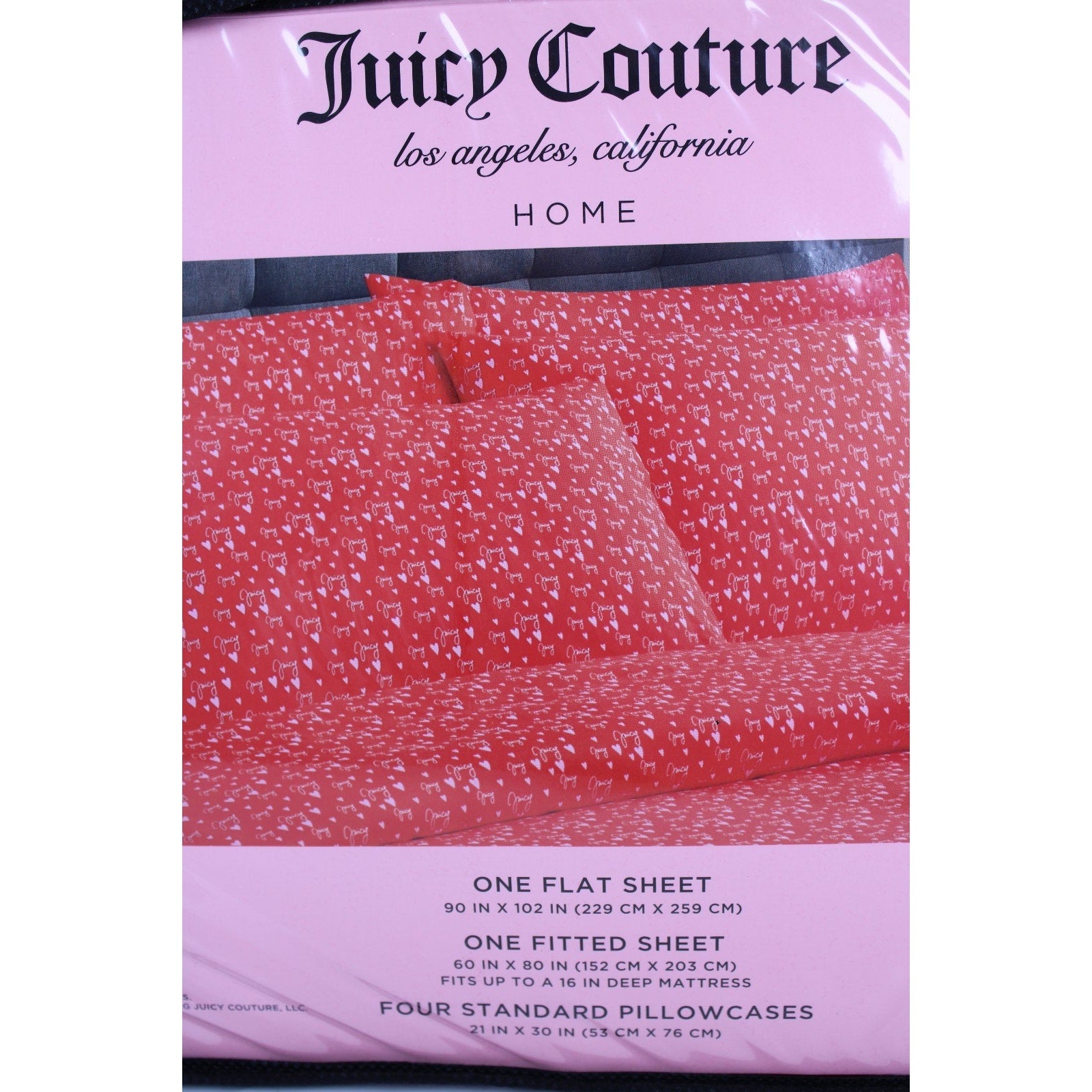 Juicy Couture Queen 6psc Bed Sheet Red, Juicy Logo, Hearts
