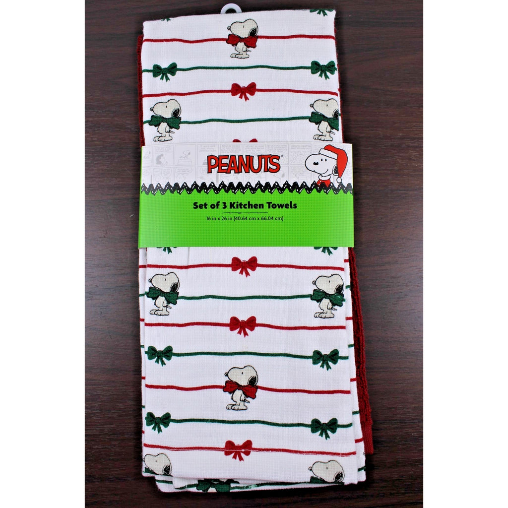 Peanuts Snoopy Red and Green Christmas Bows 3 pc Kitchen Towel Set 18x28 Cotton