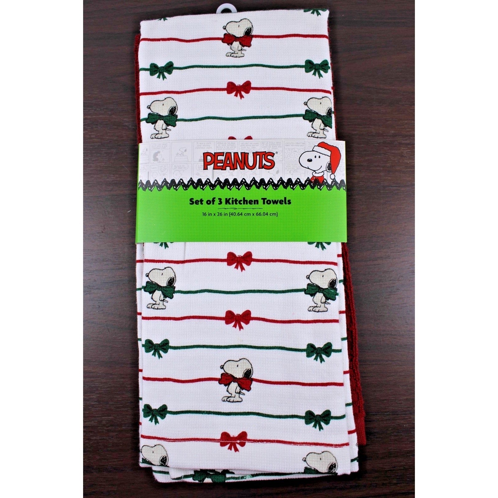 Peanuts Snoopy Red and Green Christmas Bows 3 pc Kitchen Towel Set 18x28 Cotton