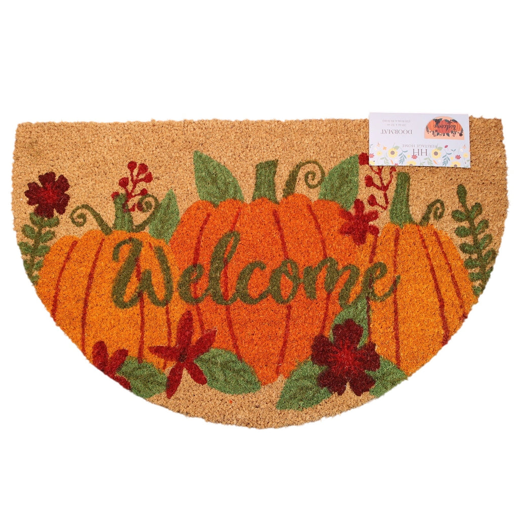 Half Moon Shape, Pumpkin WELCOME Coir Door Mat, 20x32 Thanksgiving, Fall
