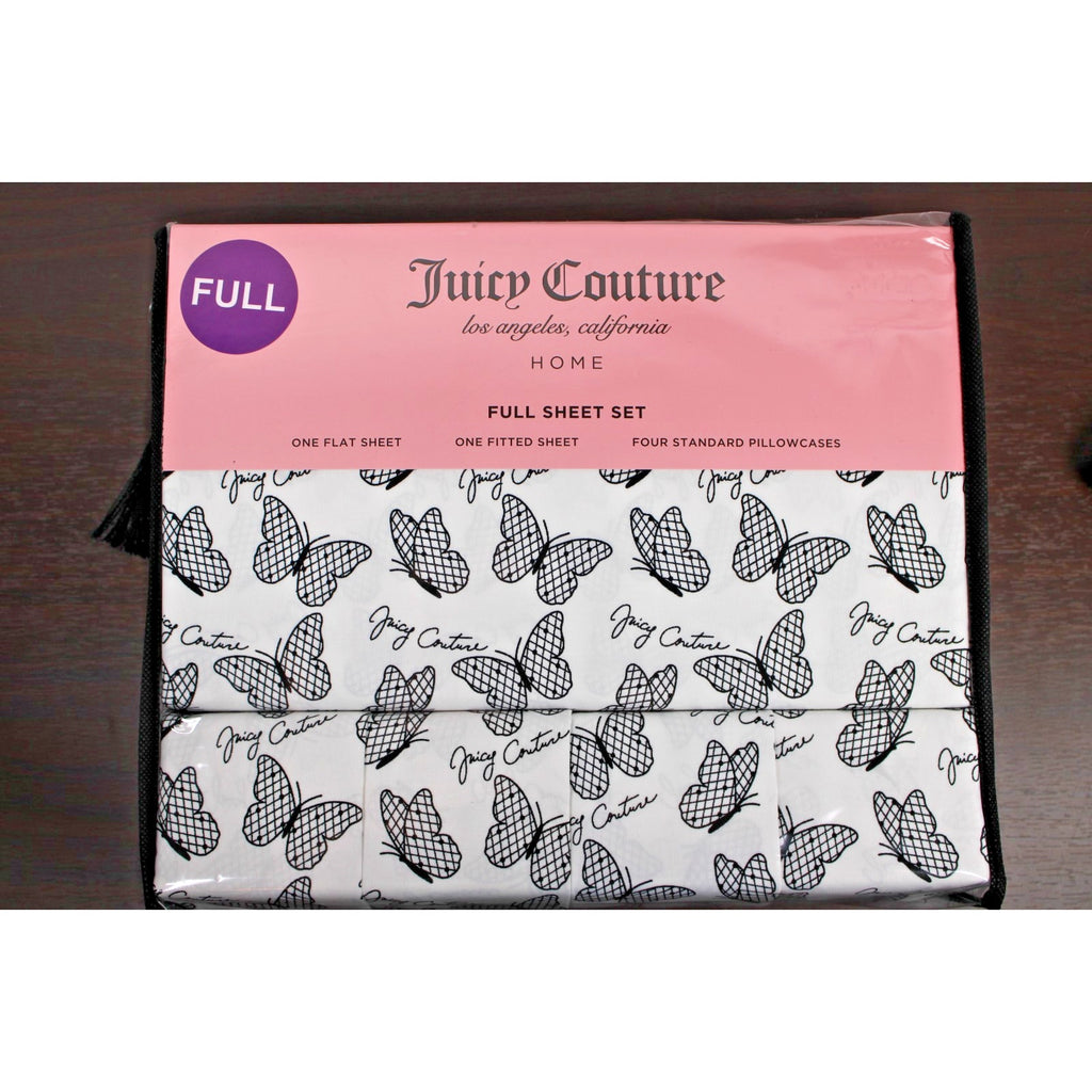 Juicy Couture FULL 6 pc Bed Sheet Set Black and White Checkered Butterflies