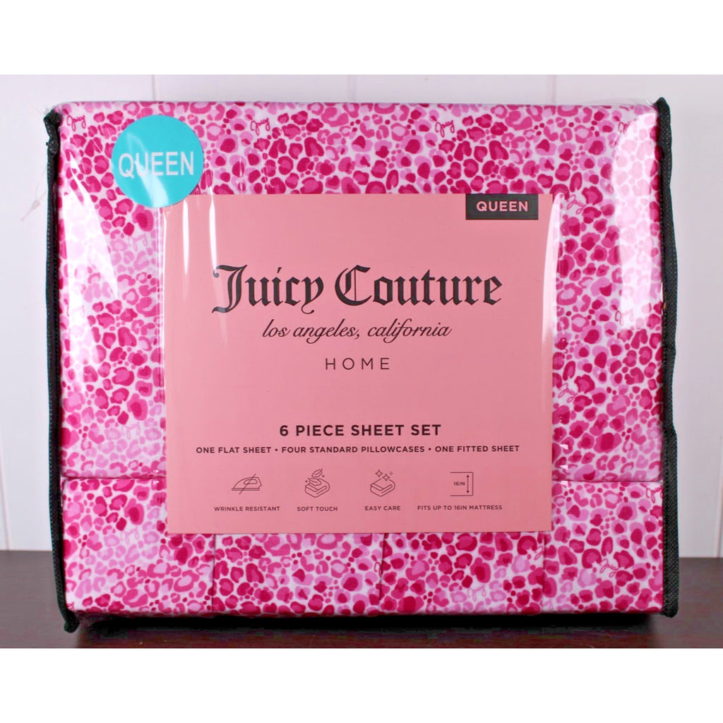 Juicy Couture Queen 6 pc Bed Sheet Set Pink Leopard Print