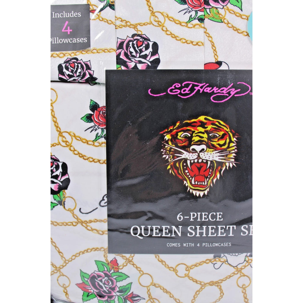 Ed Hardy White 6 pc Queen Sheet Set Skulls Roses Tattoo Print w/4 Pillowcases