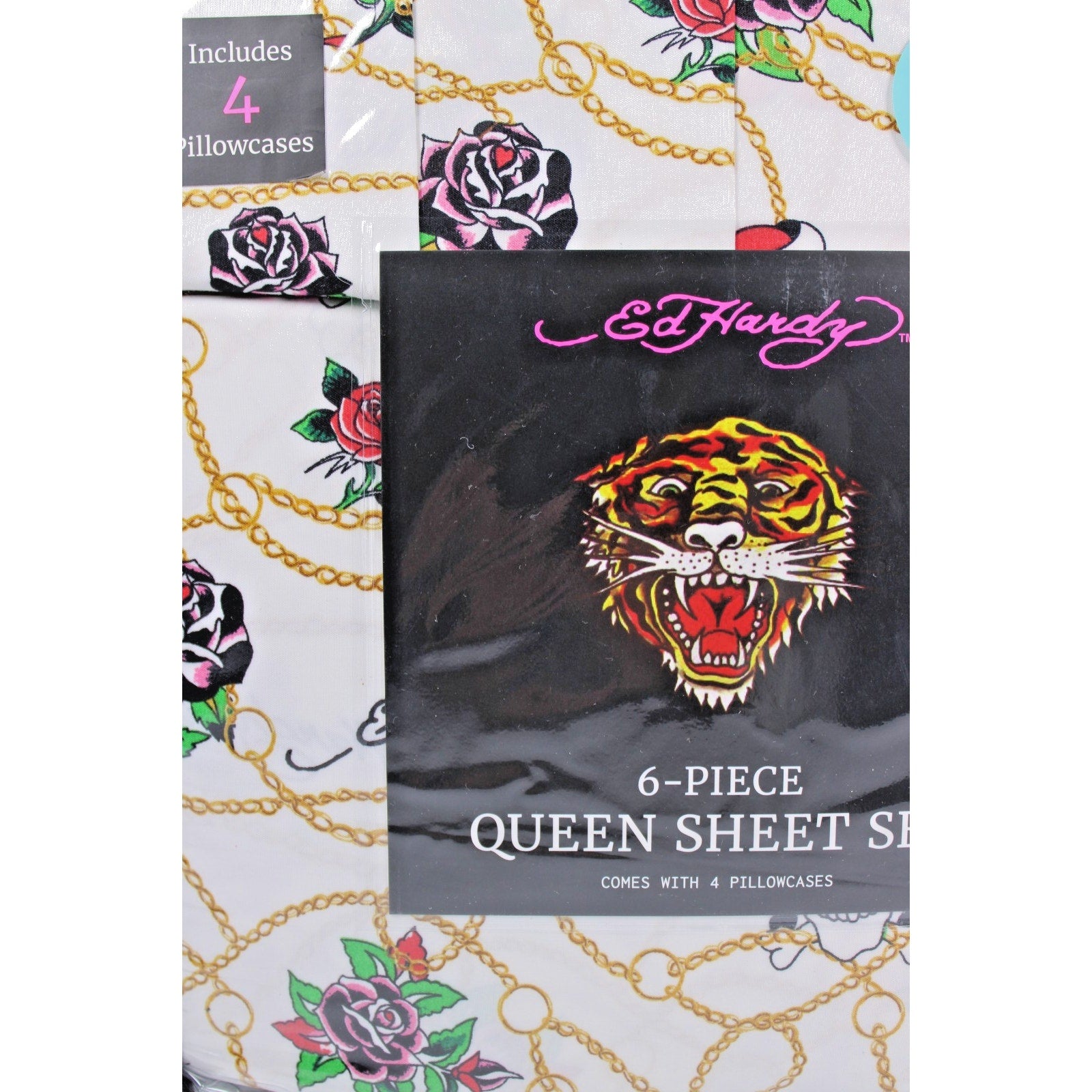 Ed Hardy White 6 pc Queen Sheet Set Skulls Roses Tattoo Print w/4 Pillowcases