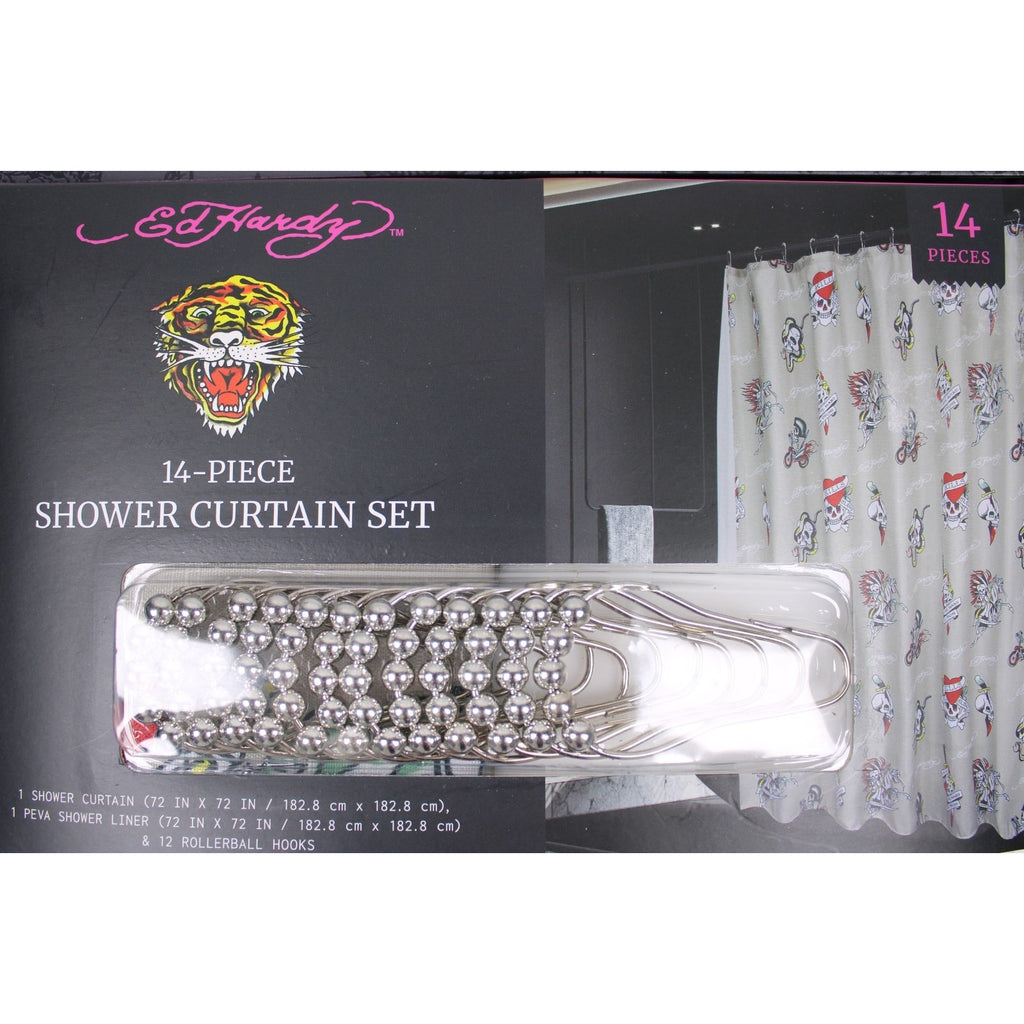 Ed Hardy 14 Piece Shower Curtain Set, Chopper Biker Skulls NWT