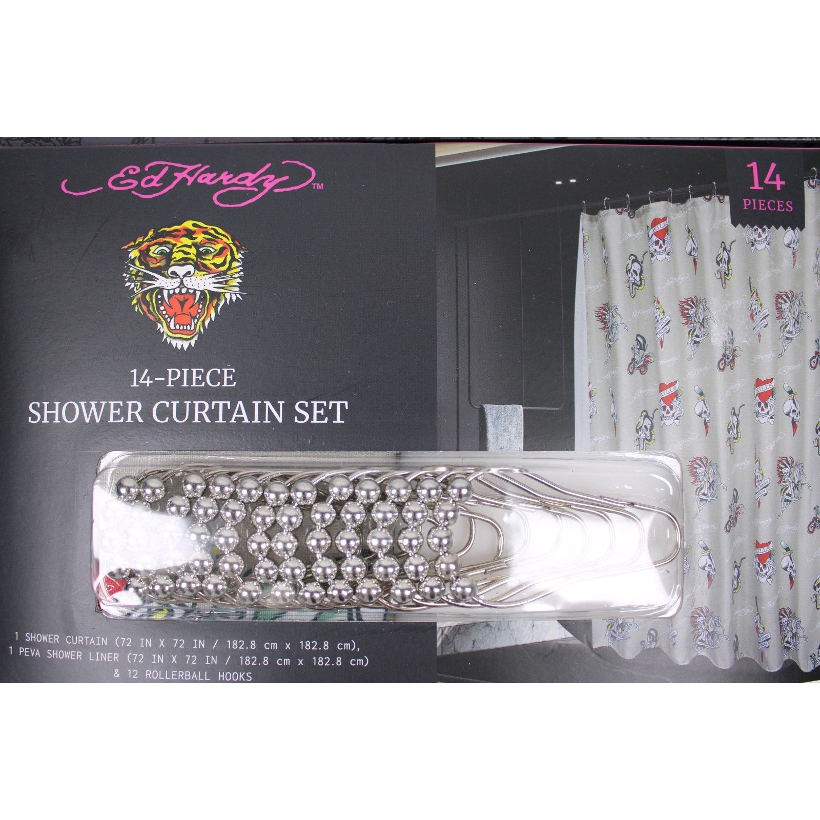 Ed Hardy 14 Piece Shower Curtain Set, Chopper Biker Skulls NWT