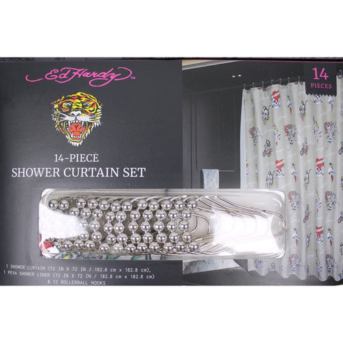 Ed Hardy 14 Piece Shower Curtain Set, Chopper Biker Skulls NWT