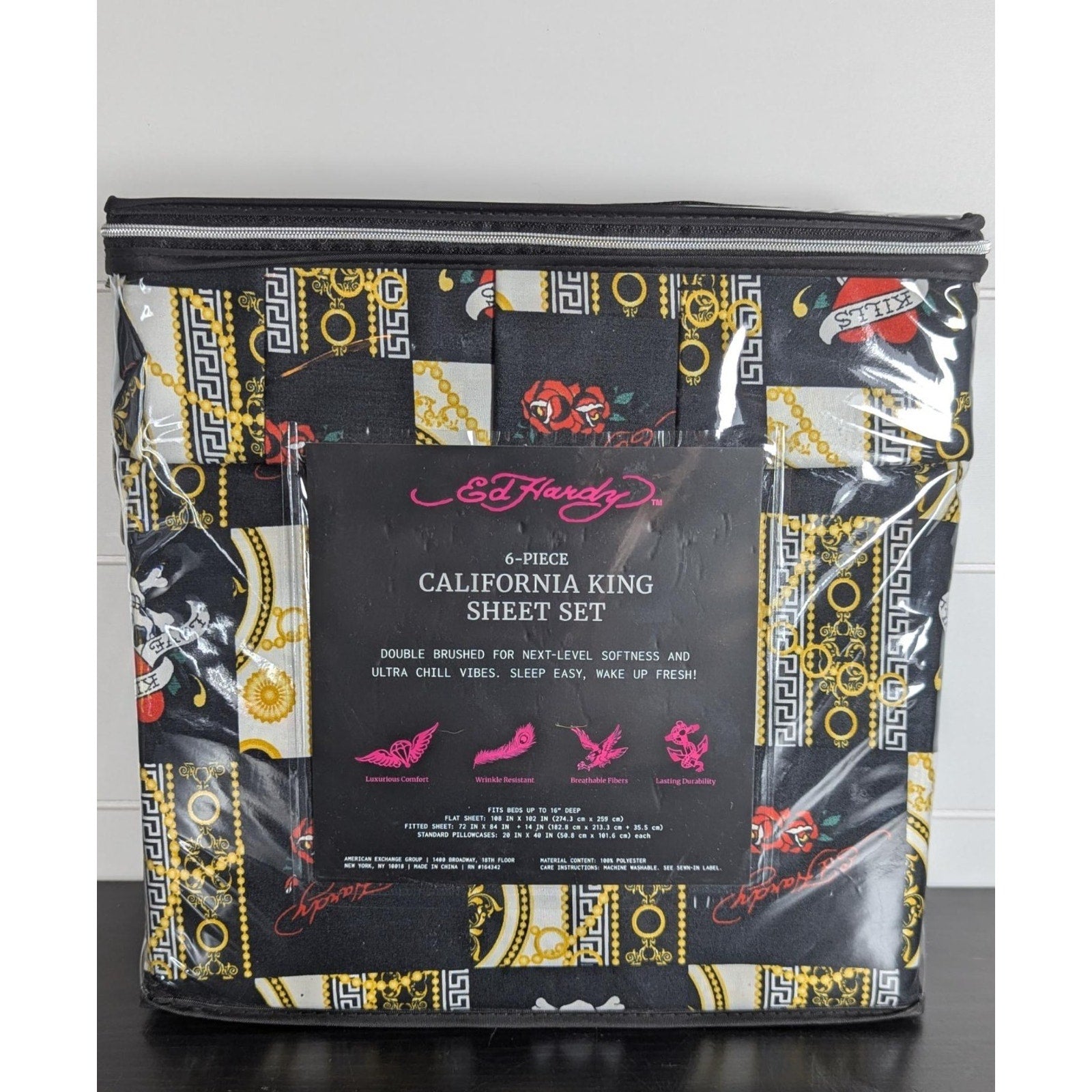 Ed Hardy Black 6 pc Cal King Sheet Set Hearts, Skulls, Roses, w/4 Pillowcases