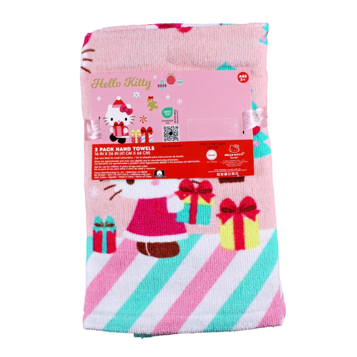 Hello Kitty Christmas Presents Hearts Santa Hat Pink 2 pack Hand Towels