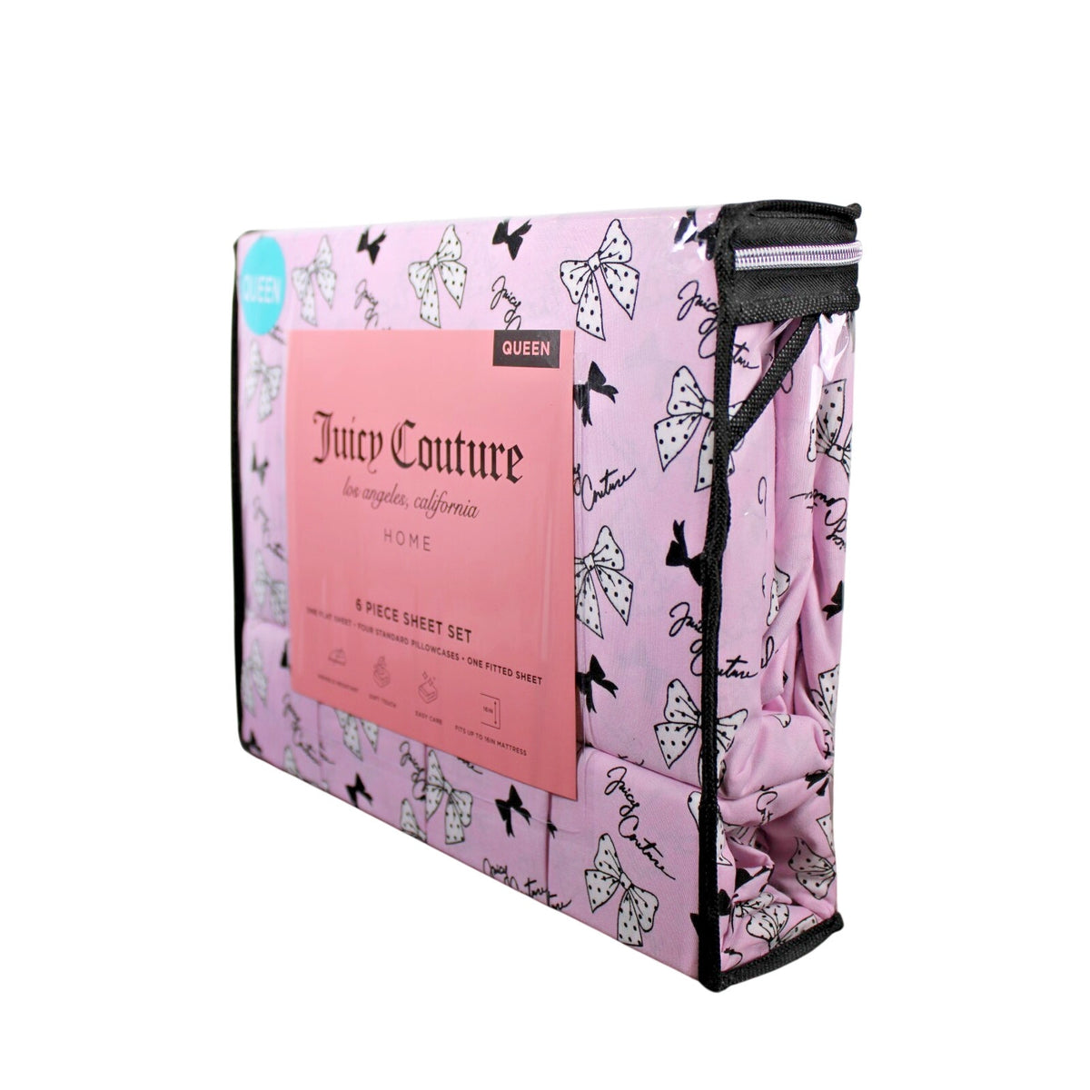 Juicy Couture Queen 6 pc Bed Sheet Set Pink & Black Polka Dot Bows